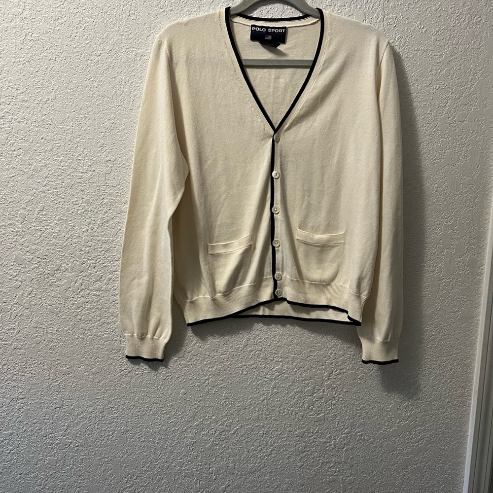 Vintage Ralph Lauren Polo Sport knit cream cardigan blue trim